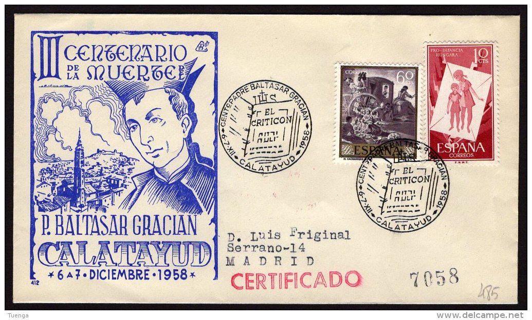 Espa&ntilde;a 1958 SOBRE - Matasello Especial. III Centenario Muerte Padre Baltasar Gracian. CALATAYUD - Lettres & Documents