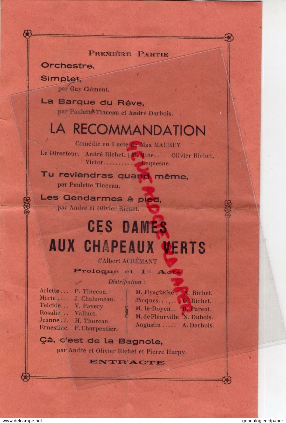 45- LA FERTE SAINT AUBIN- PROGRAMME 24 OCTOBRE 1945-SAISON 1945-1946-LA RECOMMADATION-DAMES CHAPEAUX-IMPRIMERIE DUCREUX - Programmes