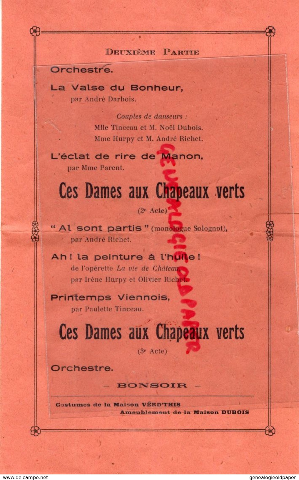 45- LA FERTE SAINT AUBIN- PROGRAMME 24 OCTOBRE 1945-SAISON 1945-1946-LA RECOMMADATION-DAMES CHAPEAUX-IMPRIMERIE DUCREUX - Programs