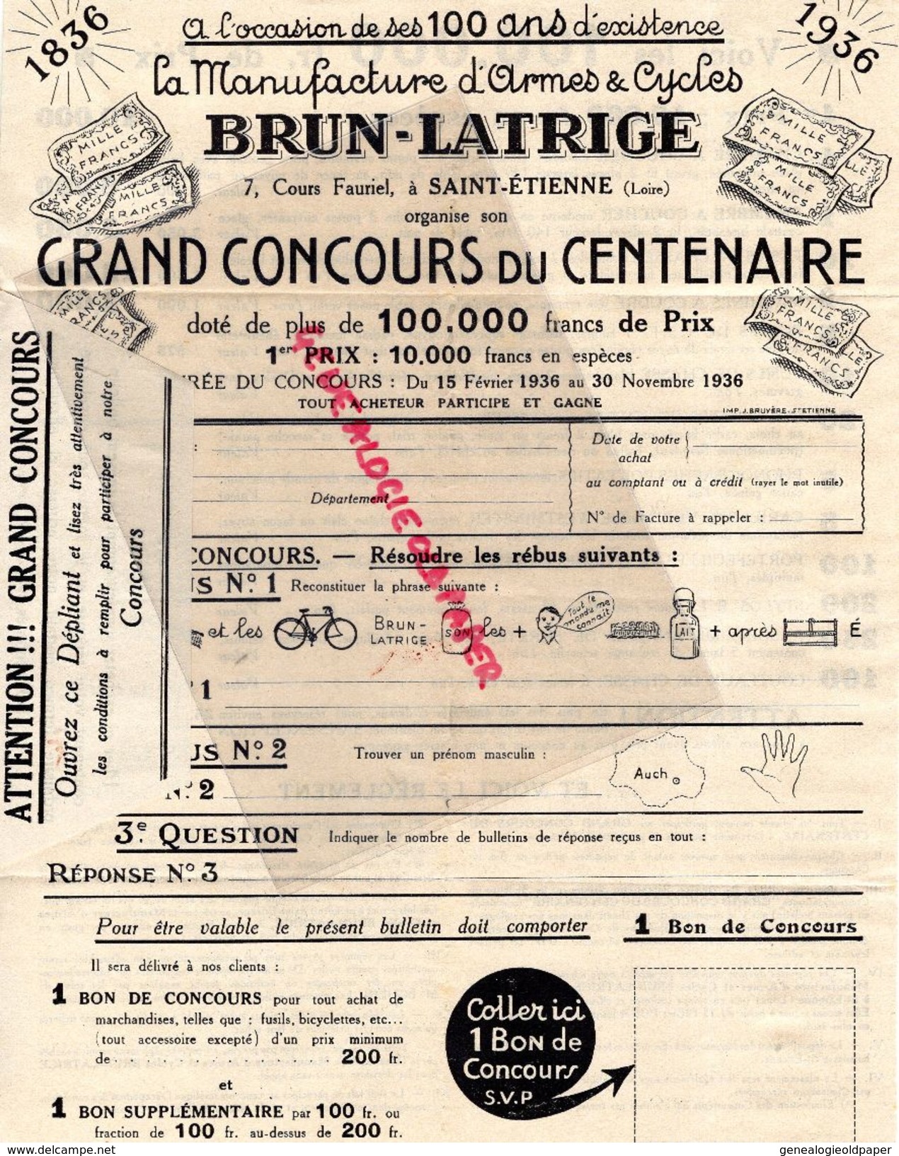 42- ST SAINT ETIENNE- RARE PUBLICITE BRUN-LATRIGE-7 COURS FAURIEL-MANUFACTURE ARMES CYCLES-VELO-CYCLISME-1836-1936 - Trasporti