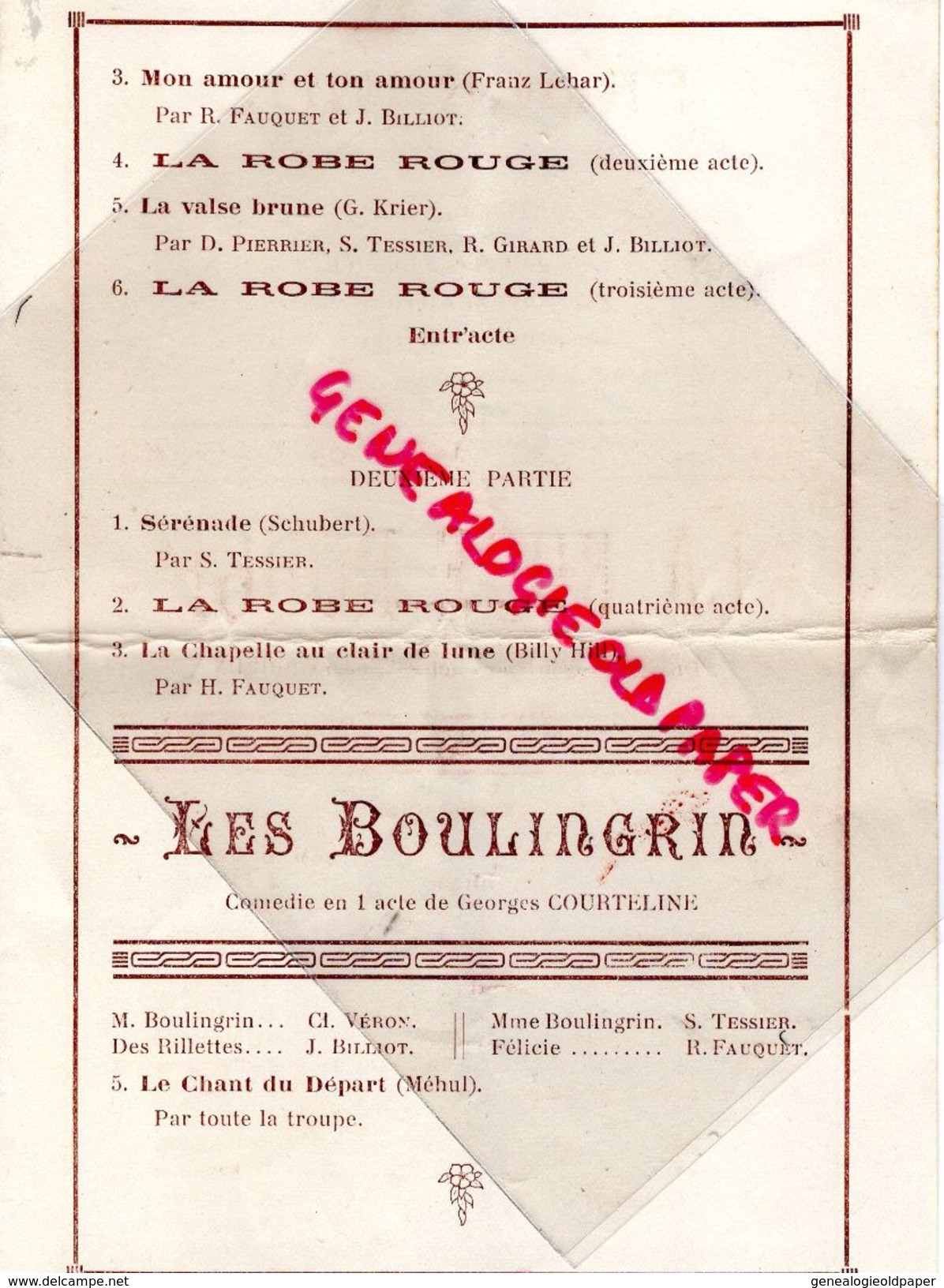 45-LA FERTE SAINT AUBIN- PROGRAMME SOIREES RECREATIVES   1945-LA ROBE ROUGE-LES BOULINGRIN-IMPRIMERIE DUCREUX - Programma's