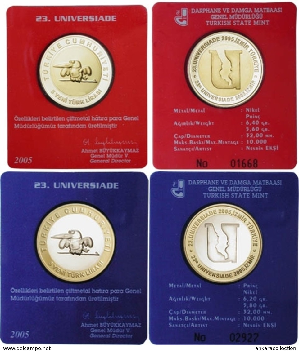 AC - 23th UNIVERSIADE COMMEMORATIVE BIMETALLIC COIN RED & BLUE PAIR / SET IZMIR, TURKEY 2005 UNCIRCULATED - Türkei