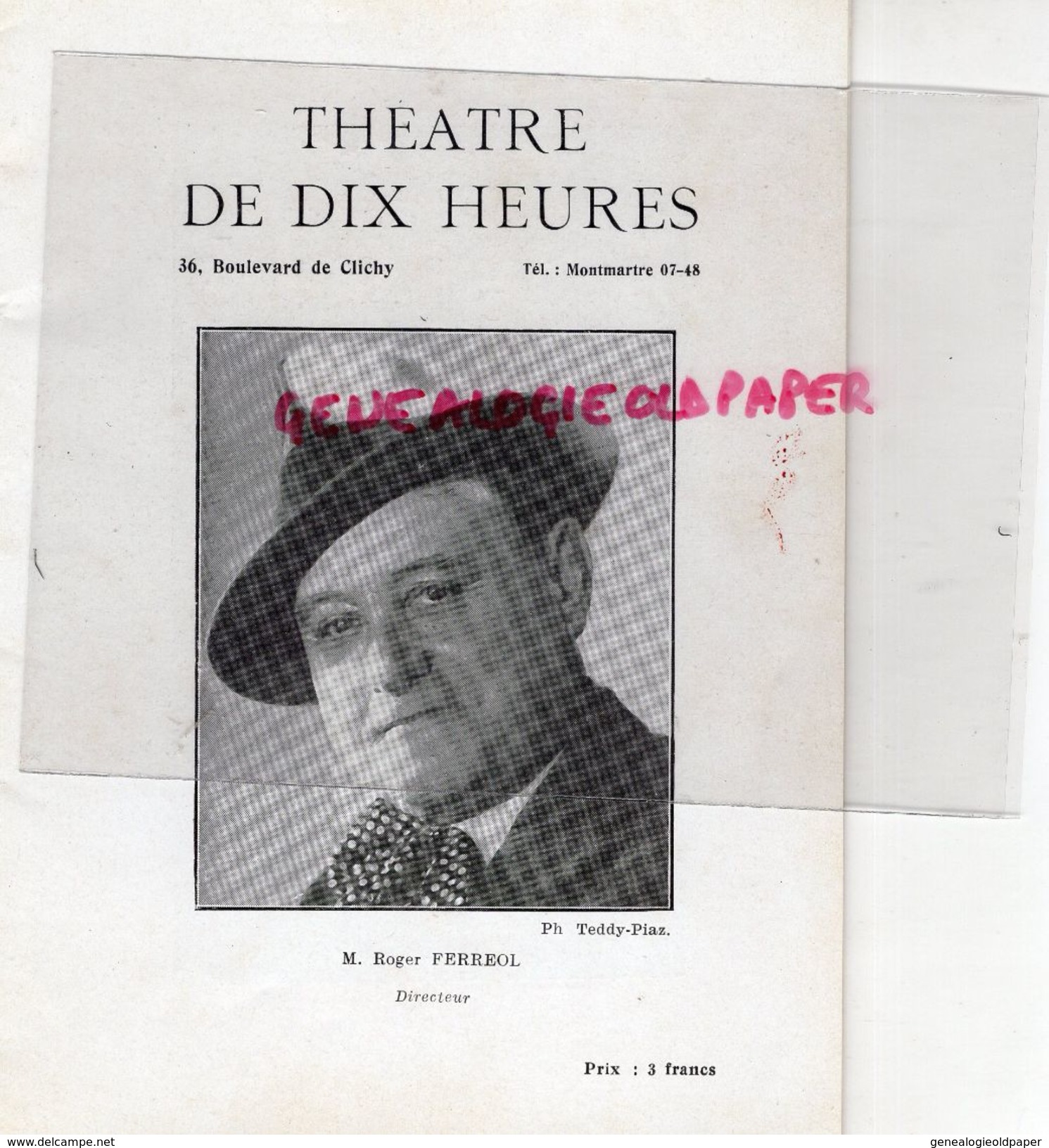 75- PARIS- PROGRAMME THEATRE DE DIX HEURES-36 BD CLICHY-ROGER FERREOL-LEON HENRY-PAUL COLLINE-JEAN RIEUX-JEAN RIGAUX- - Programs