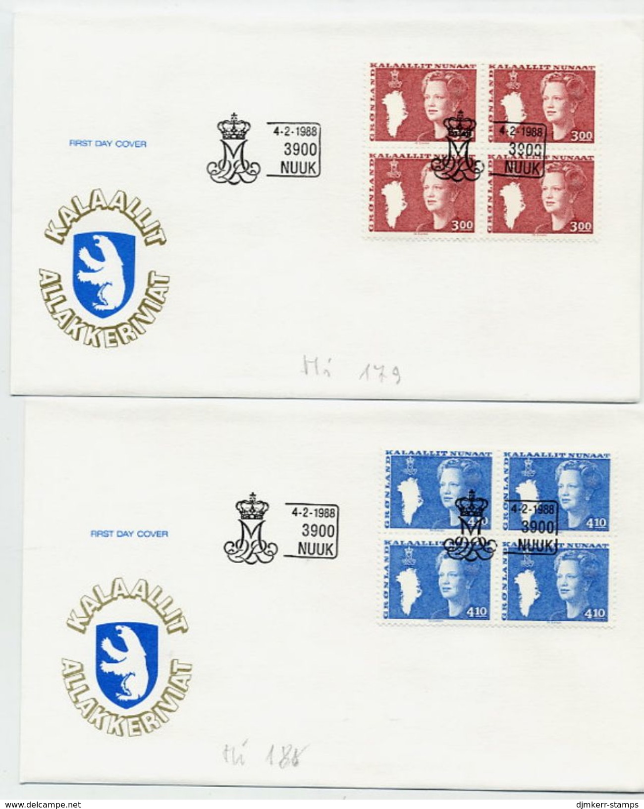 GREENLAND 1988 Queen Margarethe Definitive 3.00, 4.10 Kr. Blocks Of 4. On FDCs .  Michel  179-80 - FDC