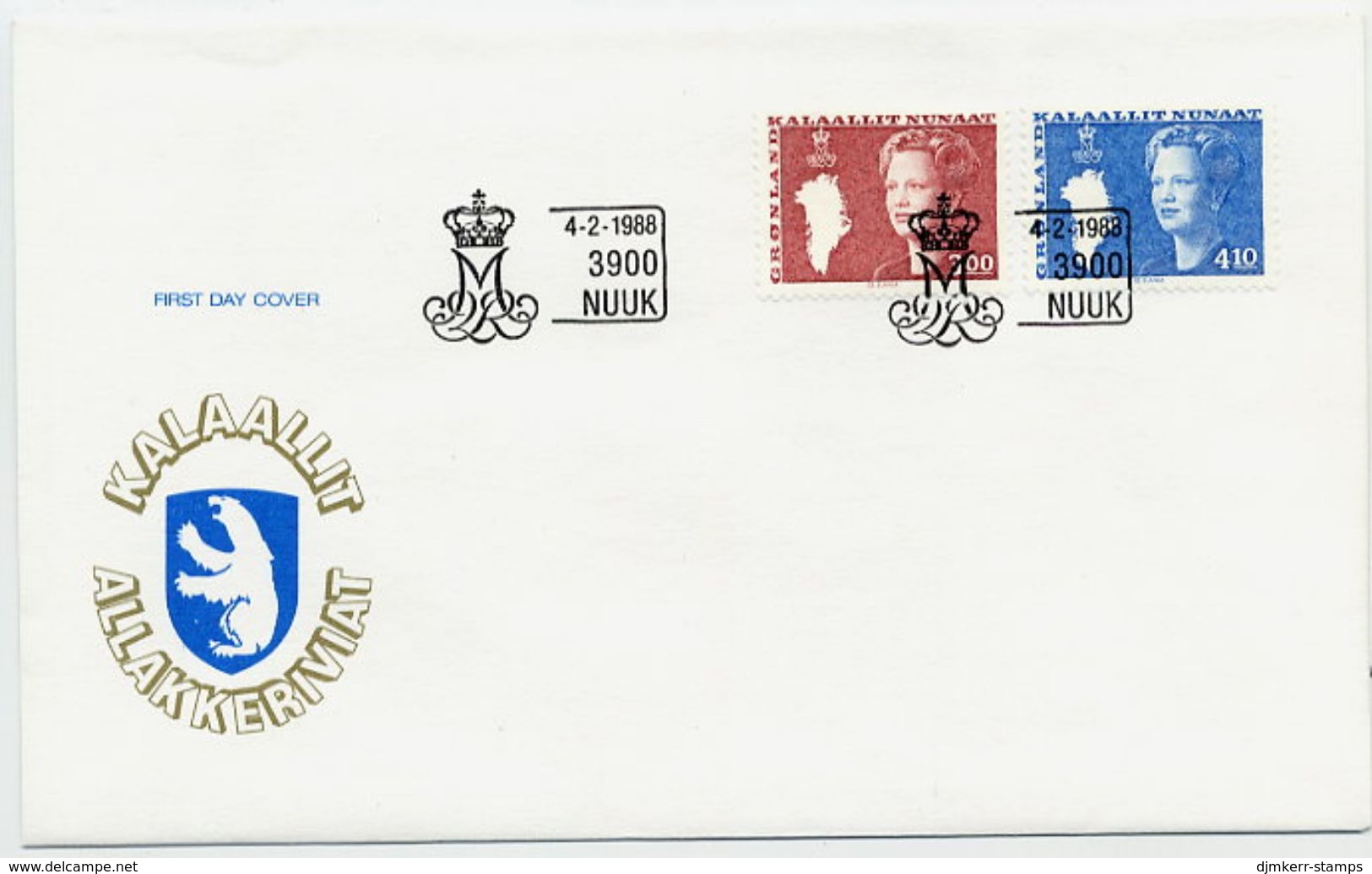 GREENLAND 1988 Queen Margarethe Definitive 3.00, 4.10 Kr.  On FDC.  Michel  179-80 - FDC