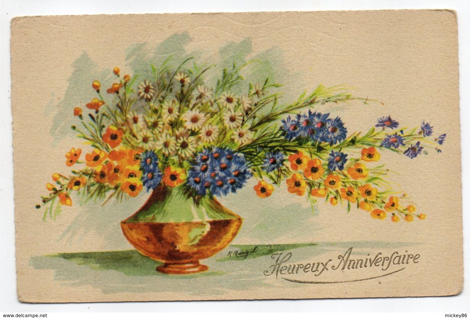 Joyeux Anniversaire--illustrateur--carte Signée-1951---fleurs Diverses En Vase - Anniversaire