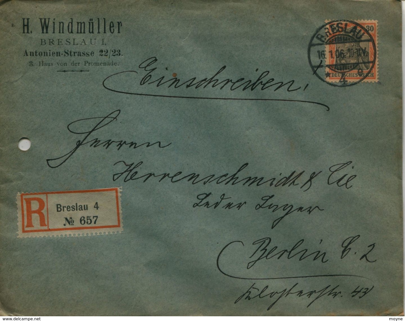 ENV 14  Allemagne - EMPFOHLENER BRIEF- LETTRE RECOMMANDEE   BRESLAU  à  BERLIN   16/01/.1906 - 1 Timbre 30 D.R - Rouge - Sonstige & Ohne Zuordnung