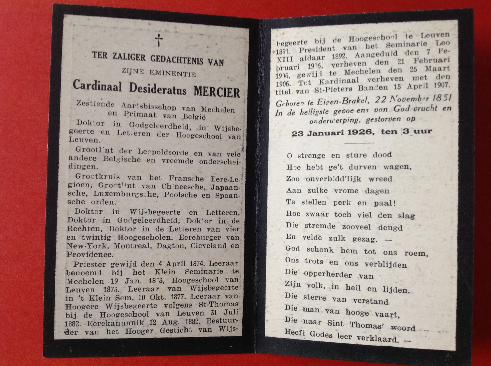 DOODSPRENTJE - KARDINAAL MERCIER - EIGENBRAKEL 1851 - BRUSSEL 1926 - Andachtsbilder