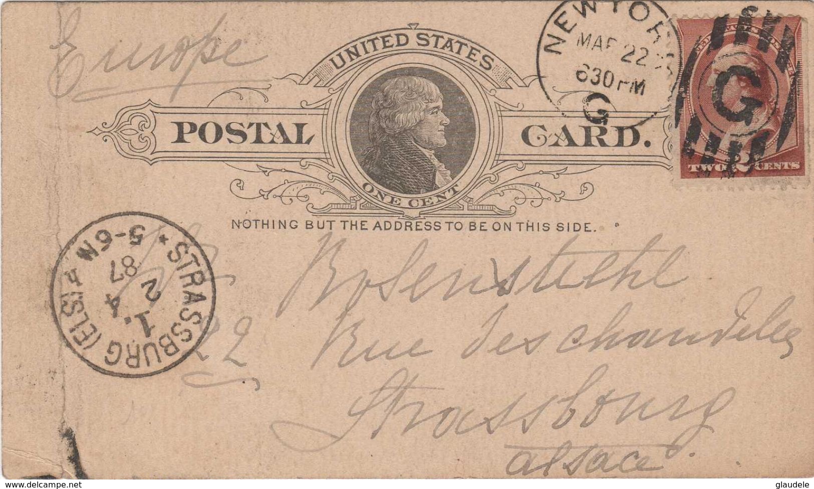 Obliterations:cachet  D'arrivée  Strasbourg  1887  Sur Carte  Lettre   U.s.a. - Autres & Non Classés