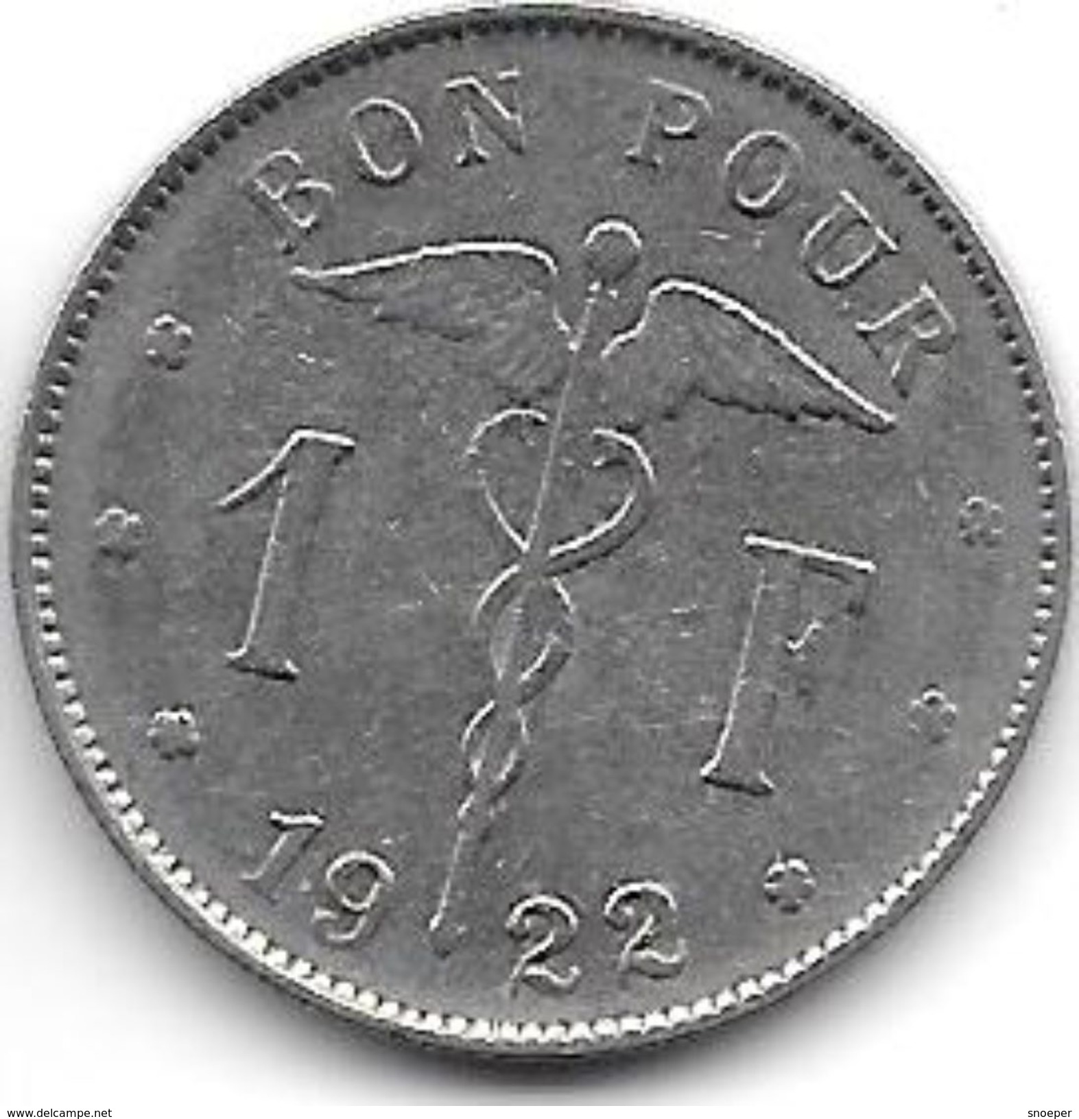 Belguim 1 Franc   1922 French   Vf - 1 Franc