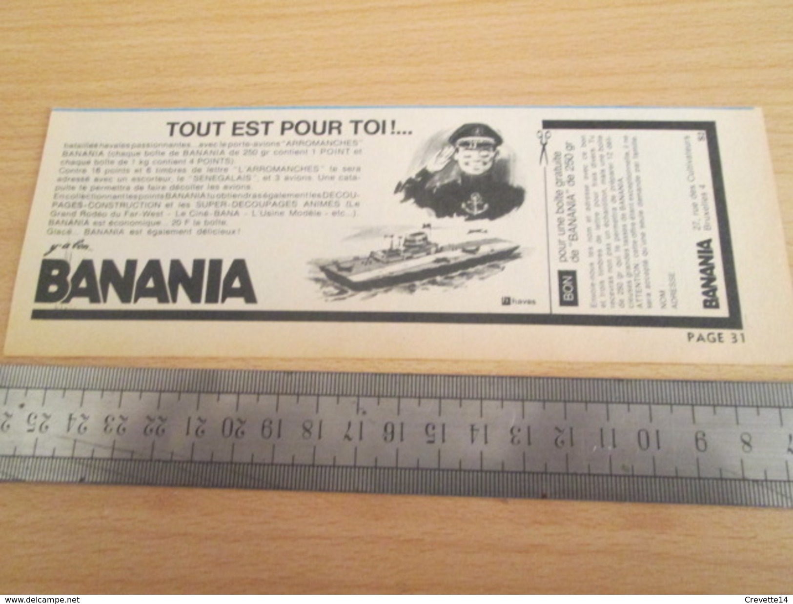 Page De Revue Des Années 60/70 : PUBLICITE BANANIA MAQUETTE PORTE-AVIONS ARROMANCHES + SENEGALAIS , Format 1/3  PAGE A4 - Schiffe