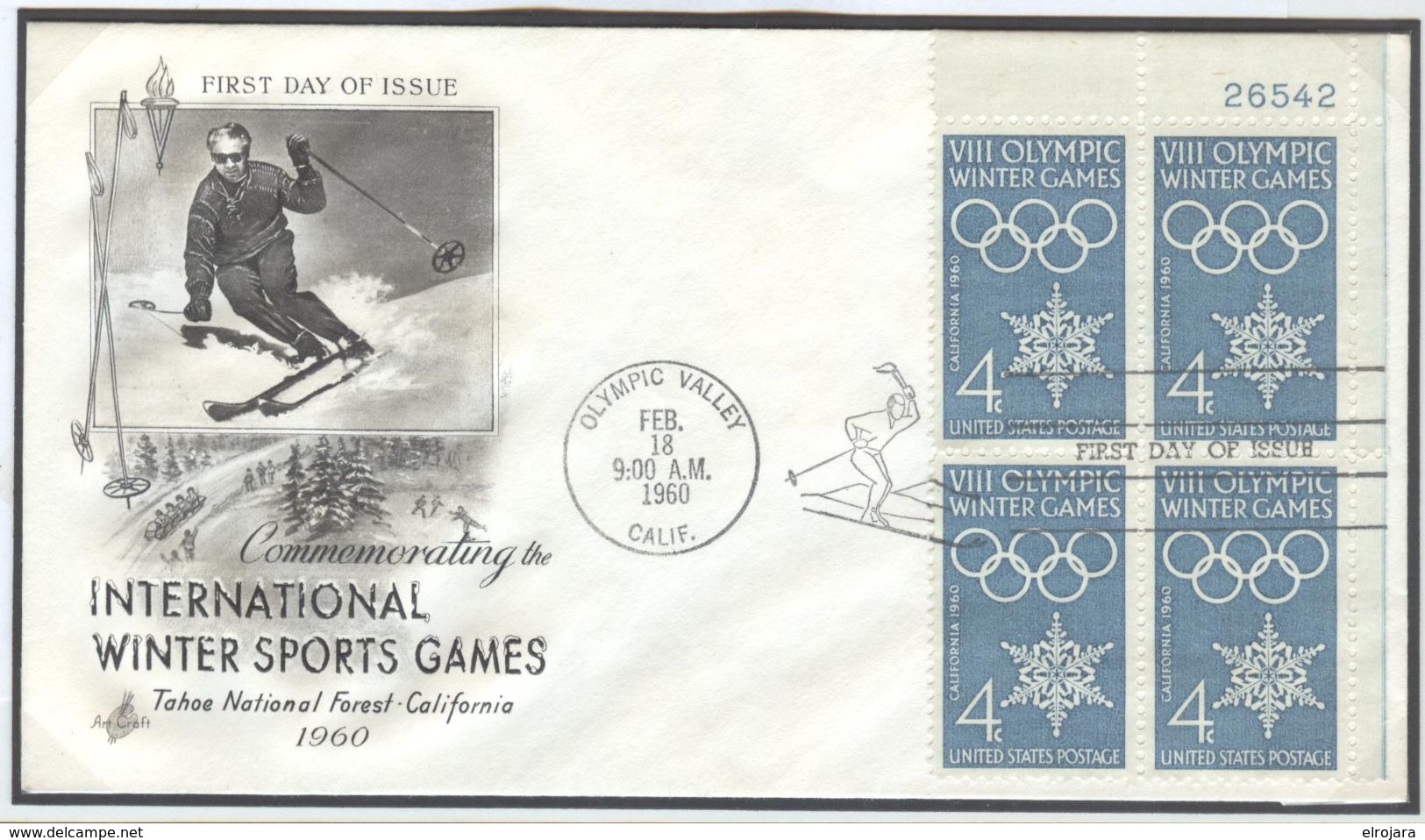 USA Illustrated Cover With Bloc Of 4 With Sheet Number With Olympic Machine First Day Cancel In The Special Type - Invierno 1960: Squaw Valley