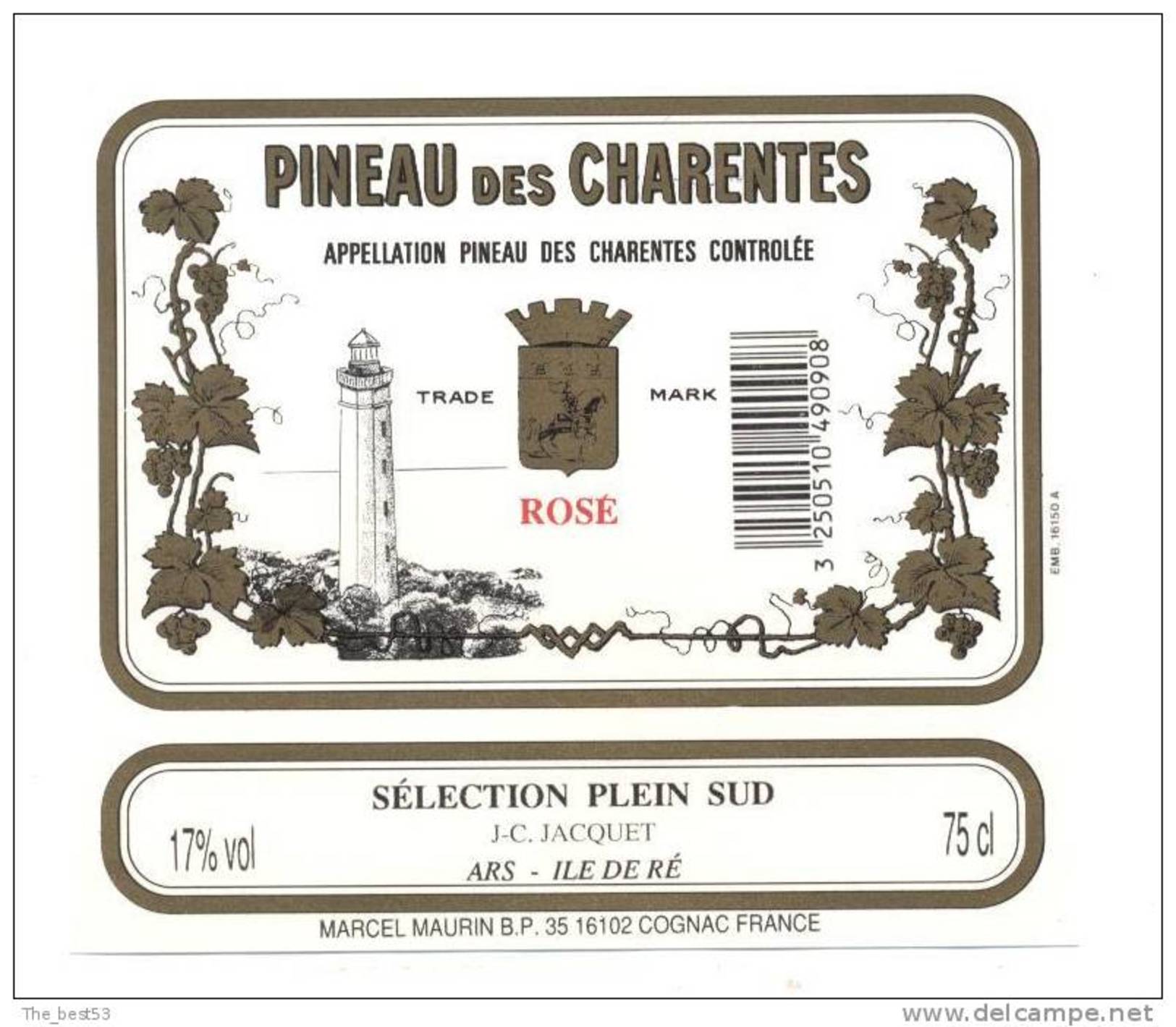 Etiquette  Pineau Des Charentes  Rosé  - Sélection Plein Sud  -  JC Jacquet  à Ars Ile De Ré - Thème Phare - Other & Unclassified