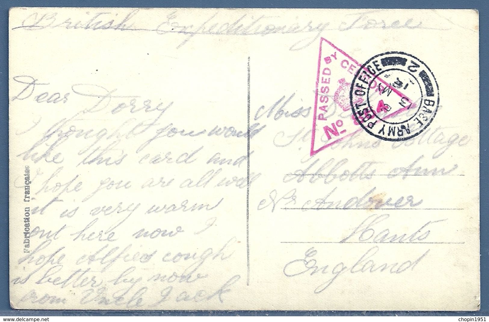 CPA - FRANCE ► GB - CACHET BASE ARMY POST OFFICE 2 + TAMPON DE CENSURE 864 - Guerre De 1914-18