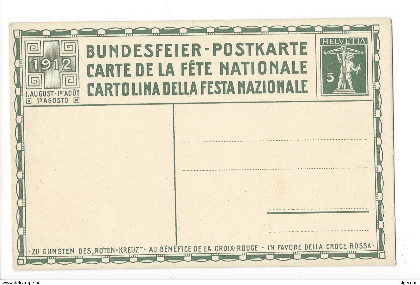 N16- Fête Nationale Bundesfeier Carte N°3  Carte Neuve 1912 (carton Blanc) - Entiers Postaux