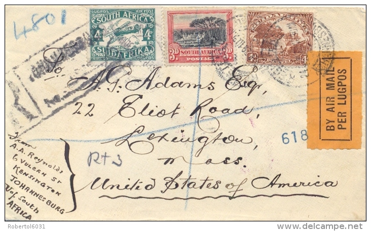South Africa 1929 Registered Air Mail Cover To USA With 3 D. Groote Schuur + 4 D. Kraal + Air Mail Stamp 4 D. Biplane - Luftpost