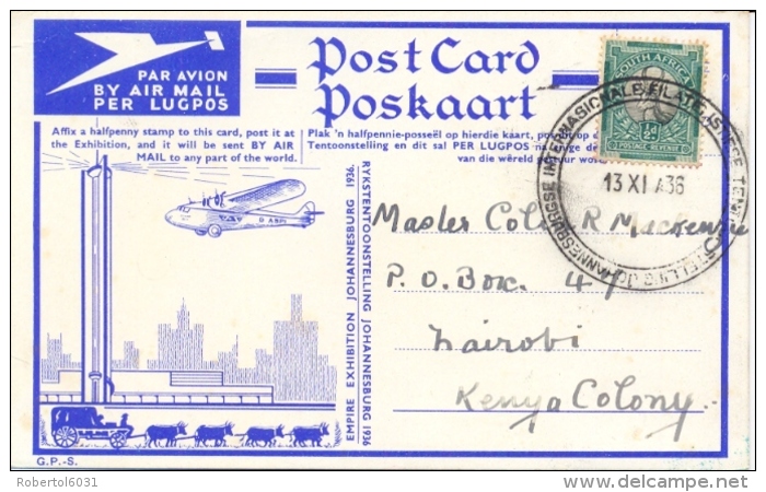South Africa 1936 Air Mail Picture Postcard Empire Exhibition In Johannesburg To Kenya With ½ D. Springbok - Poste Aérienne