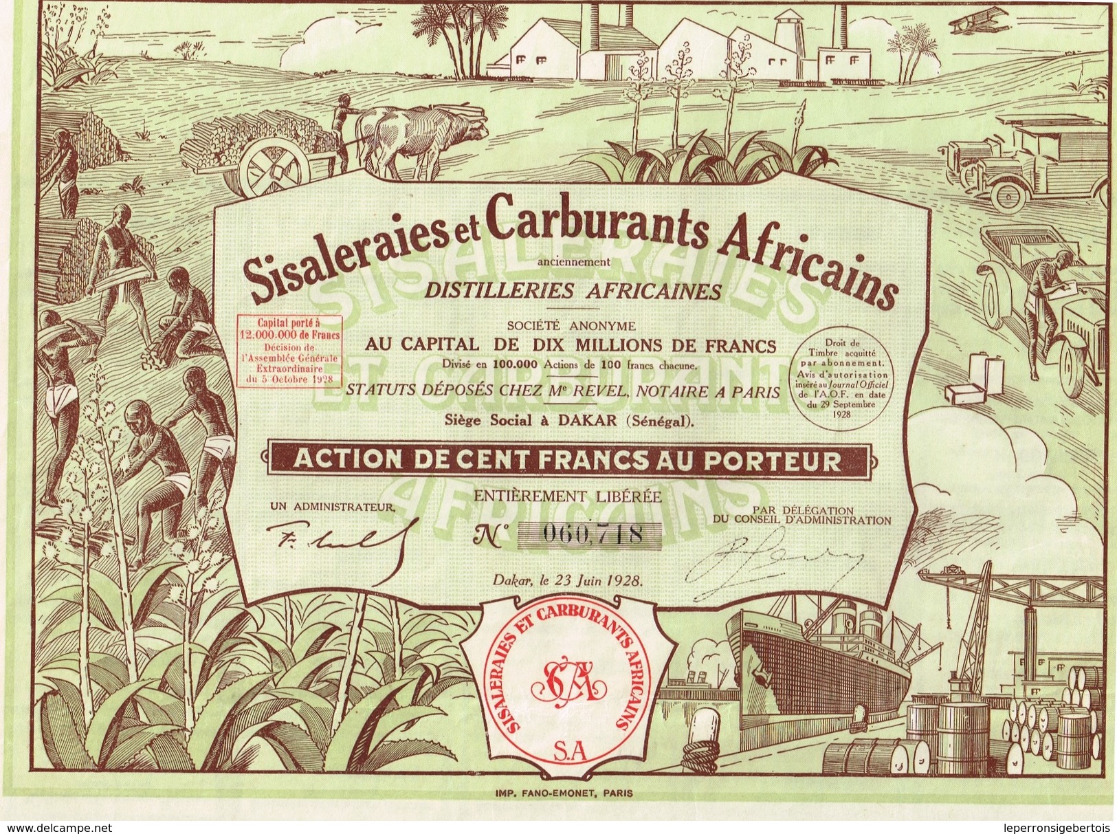 Action Ancienne - Sisaleraies Et Carburants Africains - Titre De 1928 - Déco - Afrique