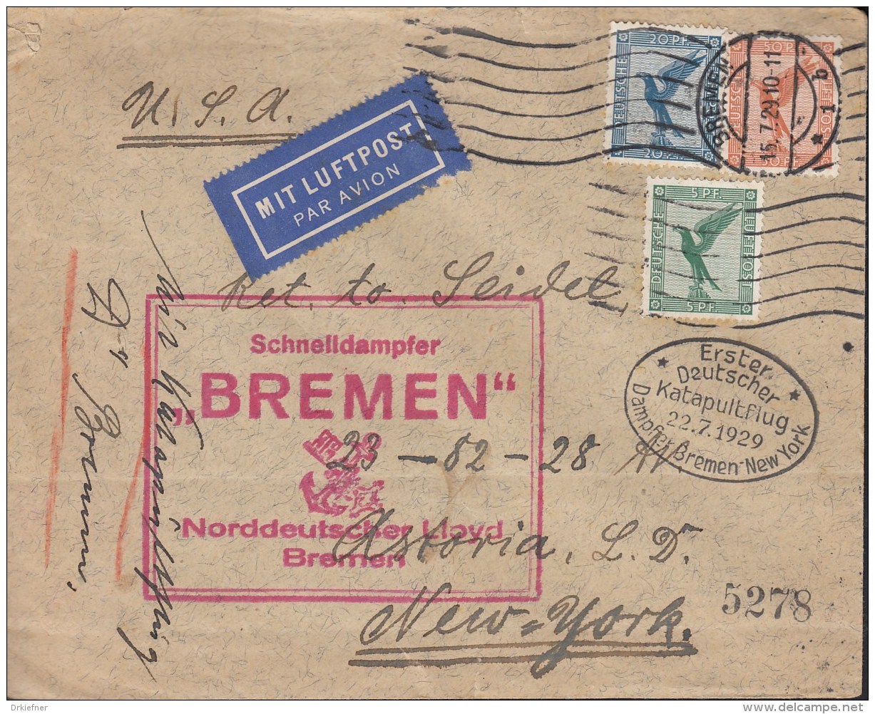 Schiffspost 1.Katapultflug Vom Dampfer "BREMEN" 22.7.929, Bremen 15.7. Nach New York - Airmail & Zeppelin