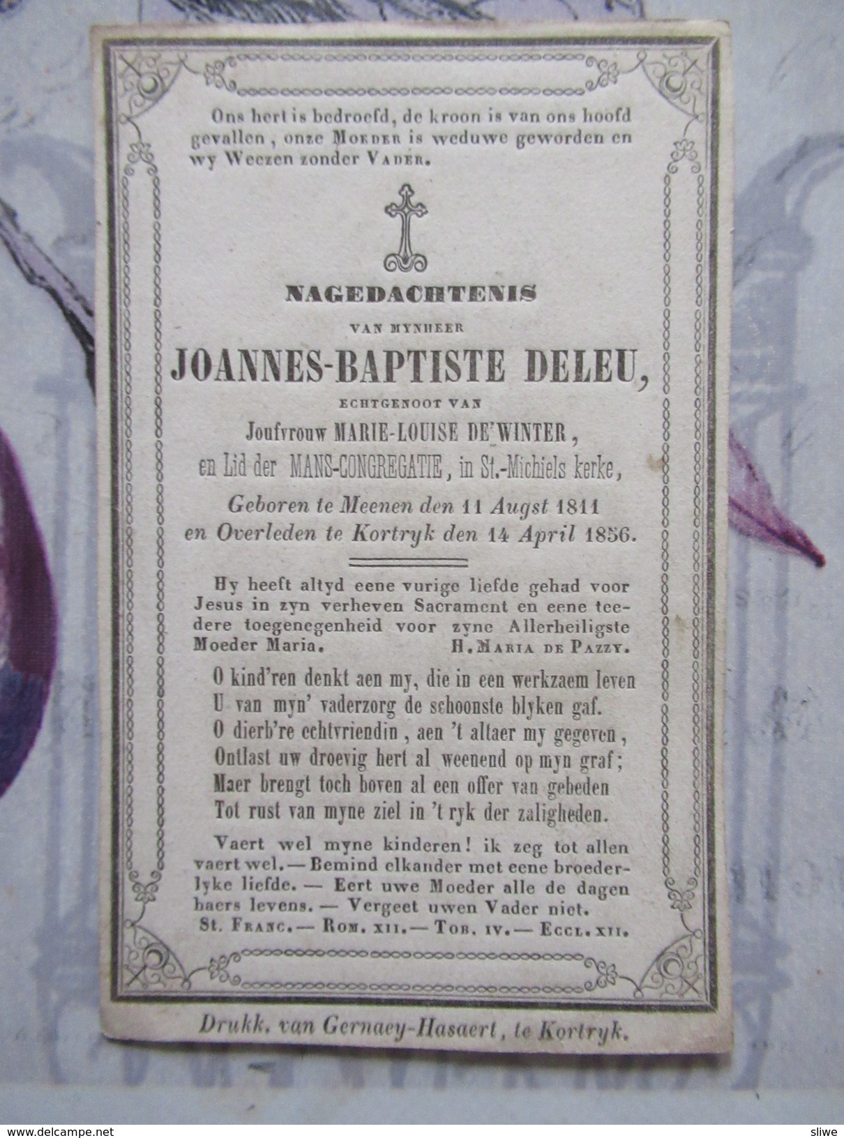 BIDPRENTJE JOANNES BAPTISTE DELEU MENEN KORTRIJK GESTORVEN 1856 - Religion & Esotérisme