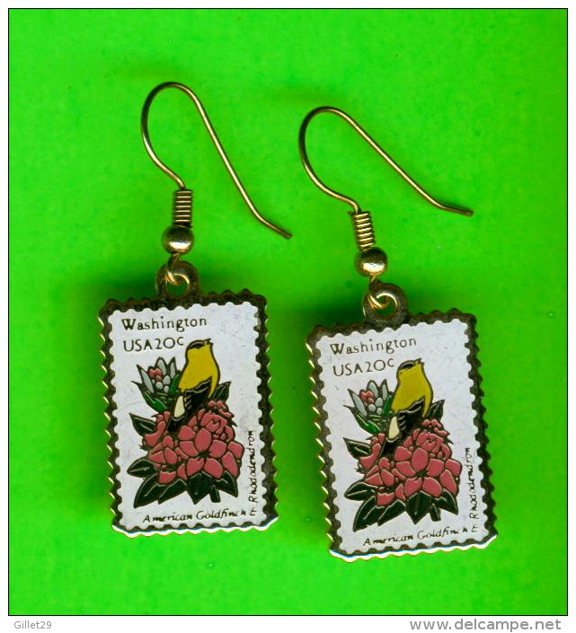 BIJOUX, BOUCLES D'OREILLES - OISEAU, AMERICAN GOLDFINCH &amp; RHODODENDRON - SYAMP WASHINGTON USA 20ç - - Boucles D'oreilles