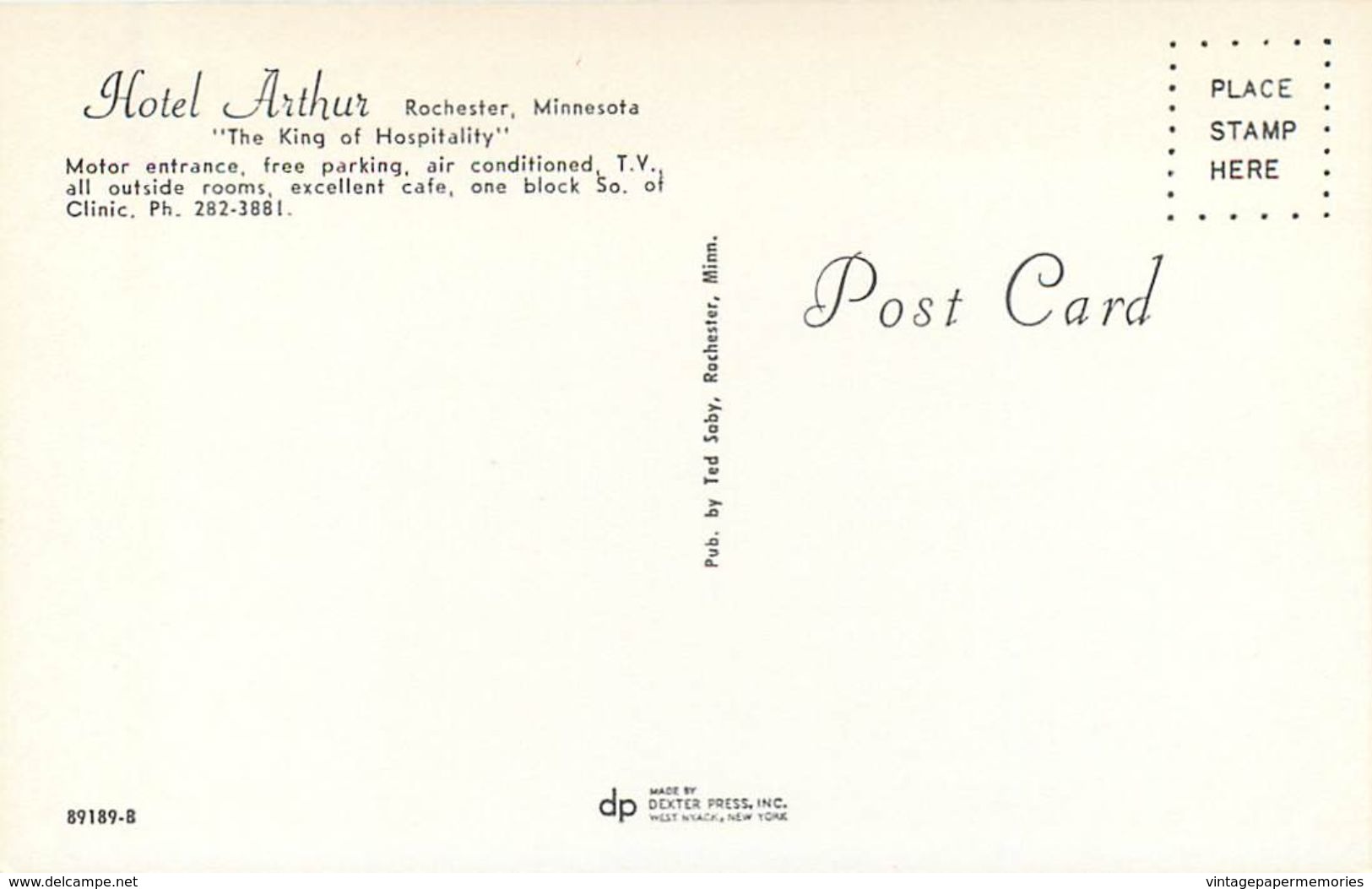 275855-Minnesota, Rochester, Hotel Arthur, Ted Saby By Dexter Press No 89189-B - Rochester