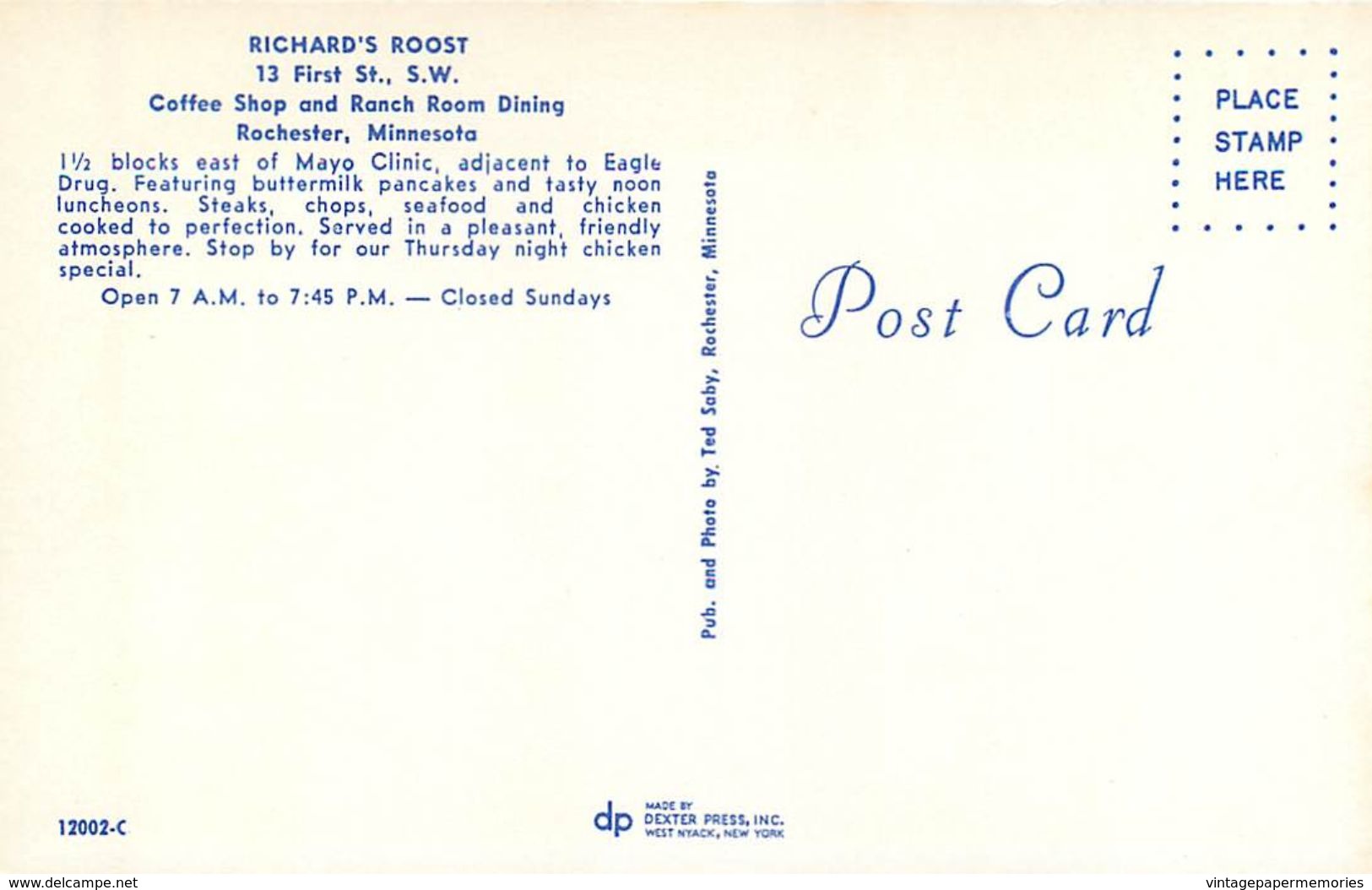 275903-Minnesota, Rochester, Richard's Roost Coffee Shop, Restaurant,Ted Saby By Dexter Press No 12002-C - Rochester