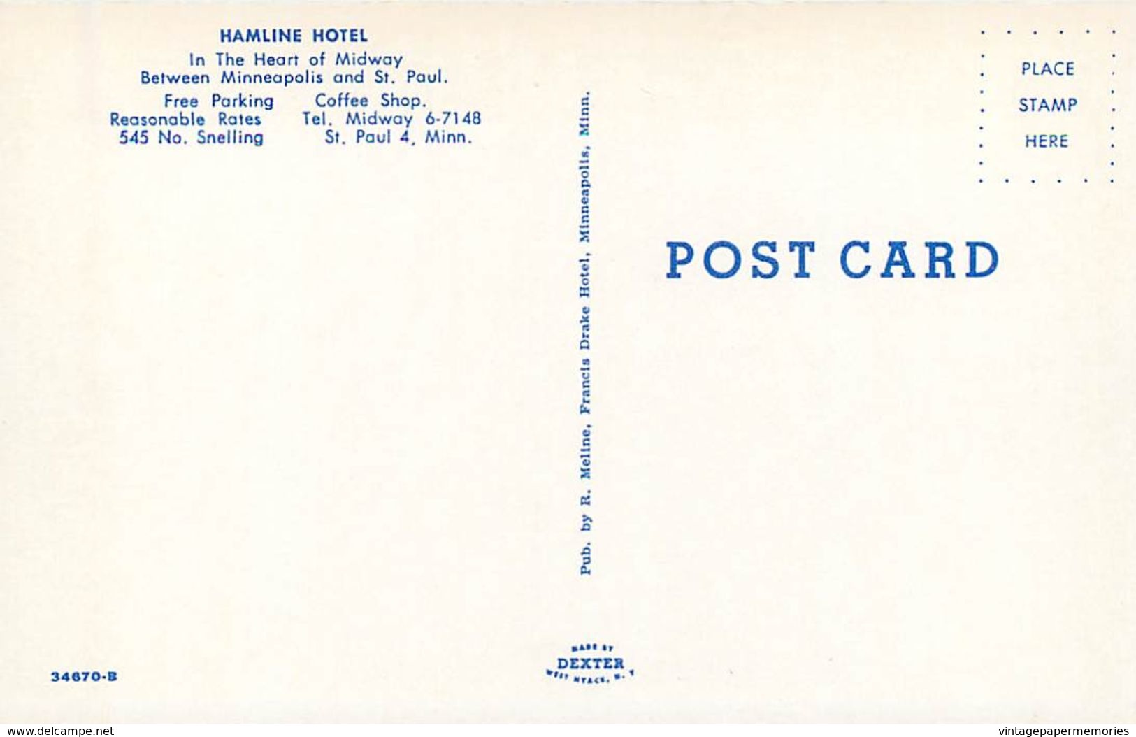 275963-Minnesota, Saint Paul, Hamline Hotel, R Meline By Dexter Press No 34670-B - St Paul