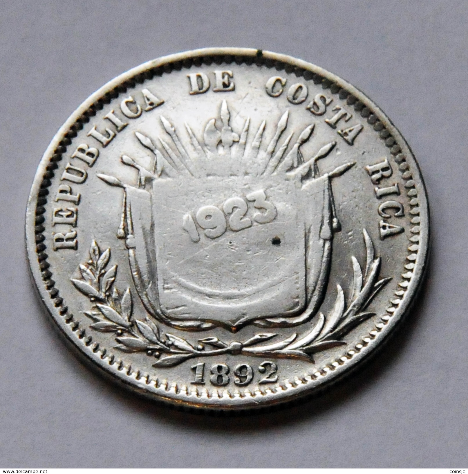 Costa Rica - 50 Céntimos - 1923 - Counterstamped On 25 Centavos 1892 - Costa Rica