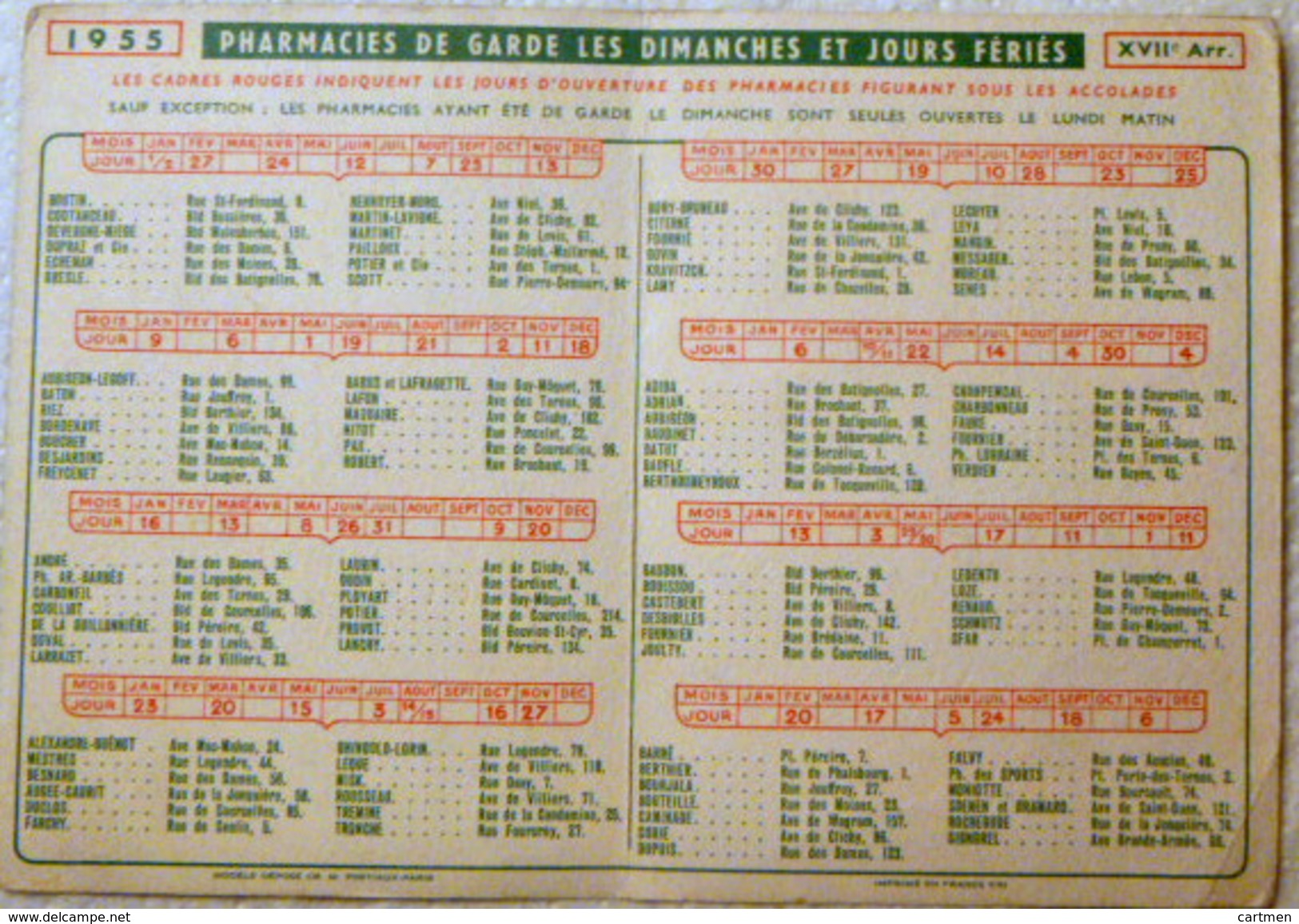 METIERS  PHARMACIE CALENDRIER DES PHARMACIES DE GARDE A PARIS EN 1955 ANNUAIRE DES OFFICINES PUBLICITE DENTIFRICE - Autres & Non Classés