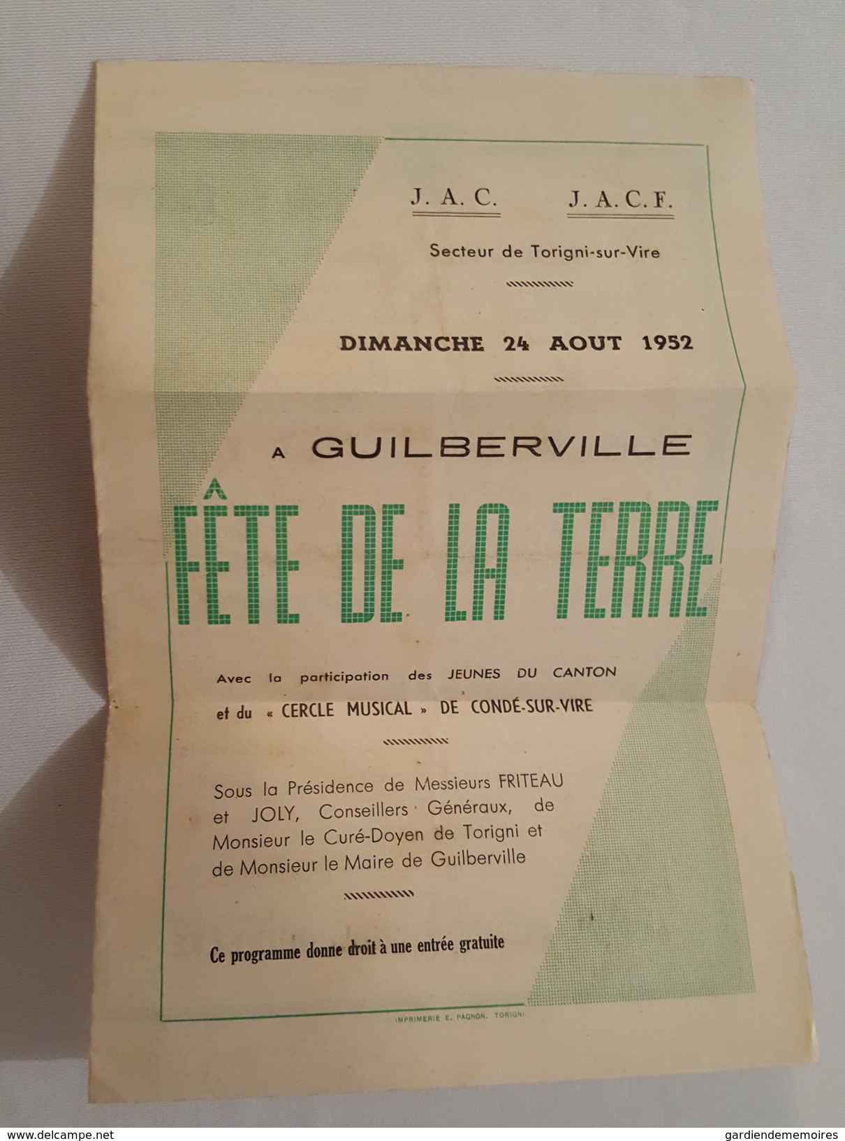 1952 - Programme De La Fête De La Terre à Guilberville - Torigni Sur Vire - Condé Sur Vire - Lamberville - Rouxeville... - Programmes