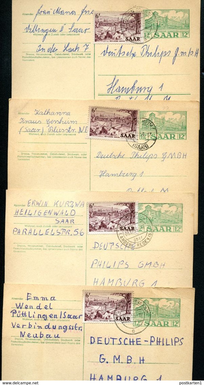 SAARLAND P41 4 Postkarten Dillingen + Gersheim + Heiligenwald + Püttlingen 1953 - Entiers Postaux