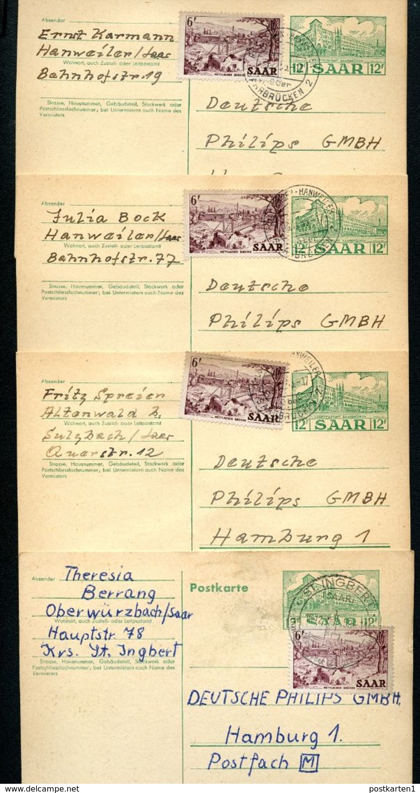 SAARLAND P41 4 Postkarten Rilchingen-Hanweiler + St. Ingebert 1953 - Interi Postali