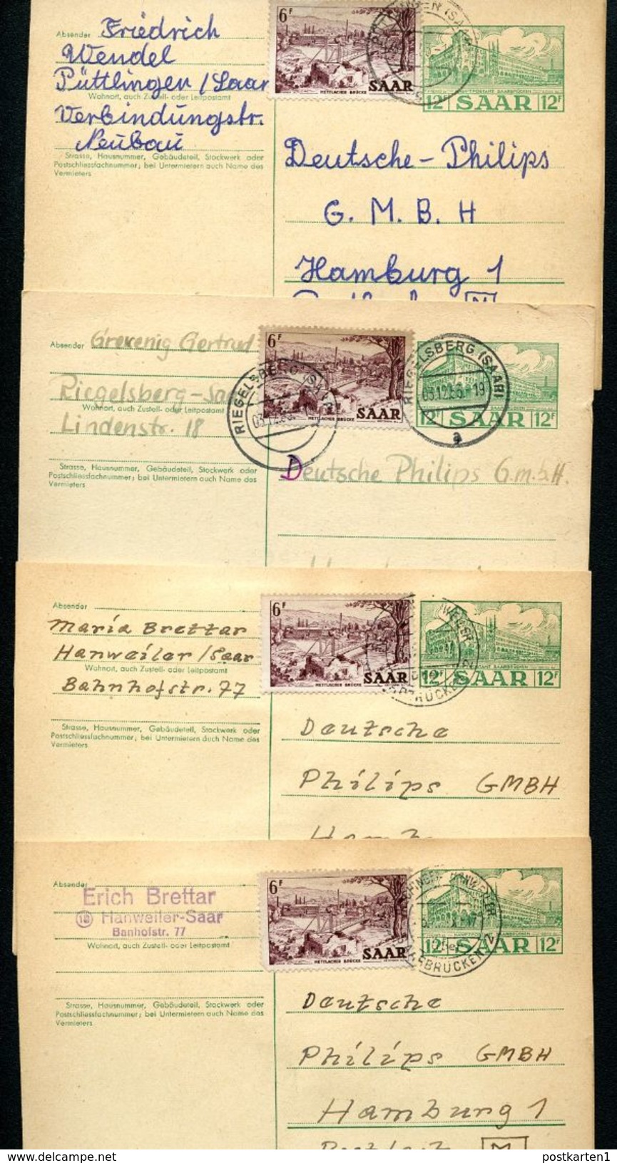 SAARLAND P41 4 Postkarten Püttlingen + Riegelsberg + Rilchingen-Hanweiler 1953 - Interi Postali