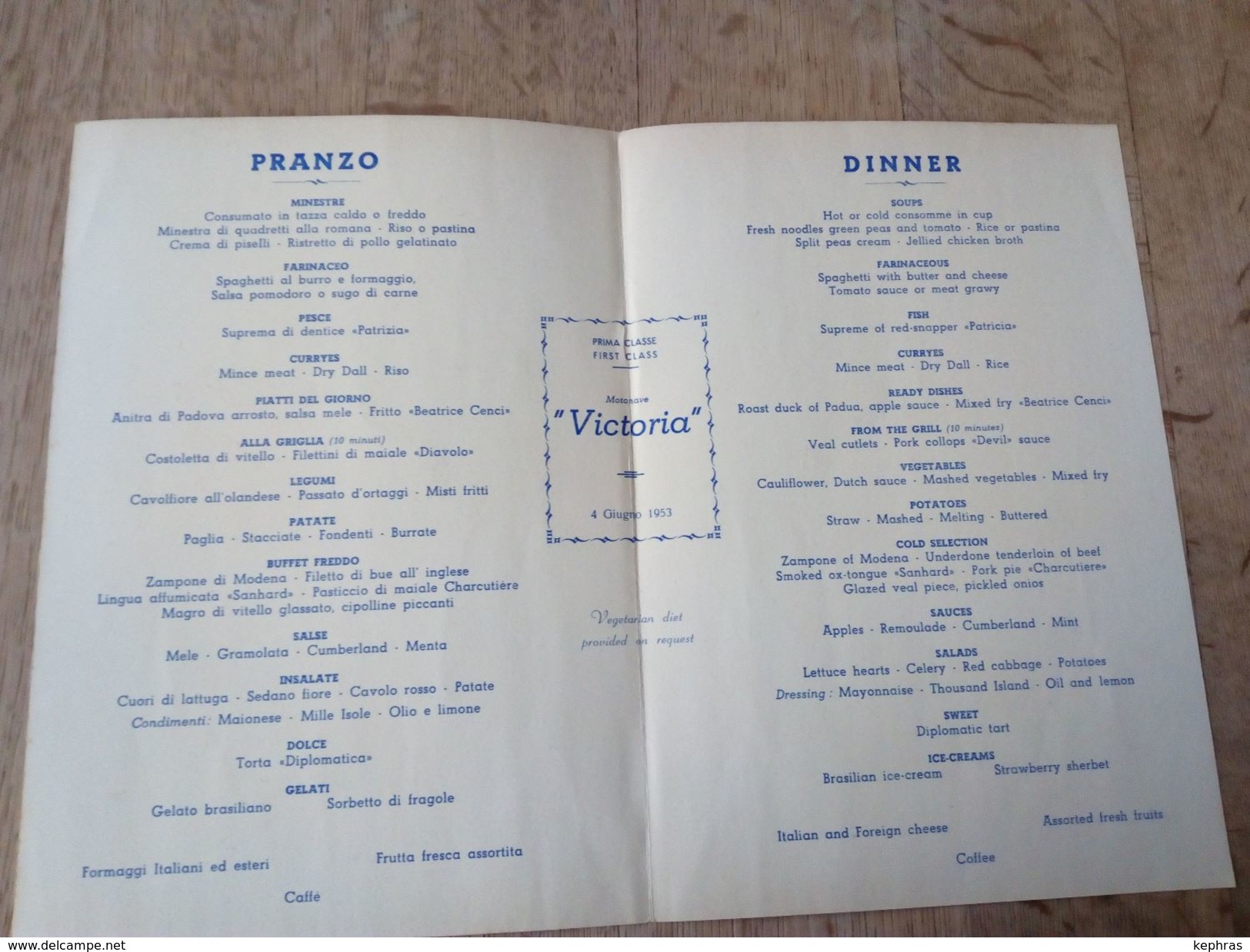 MENU - Motonave VICTORIA - 4 Giugnio 1953 - Lloyd Triestino - Menus