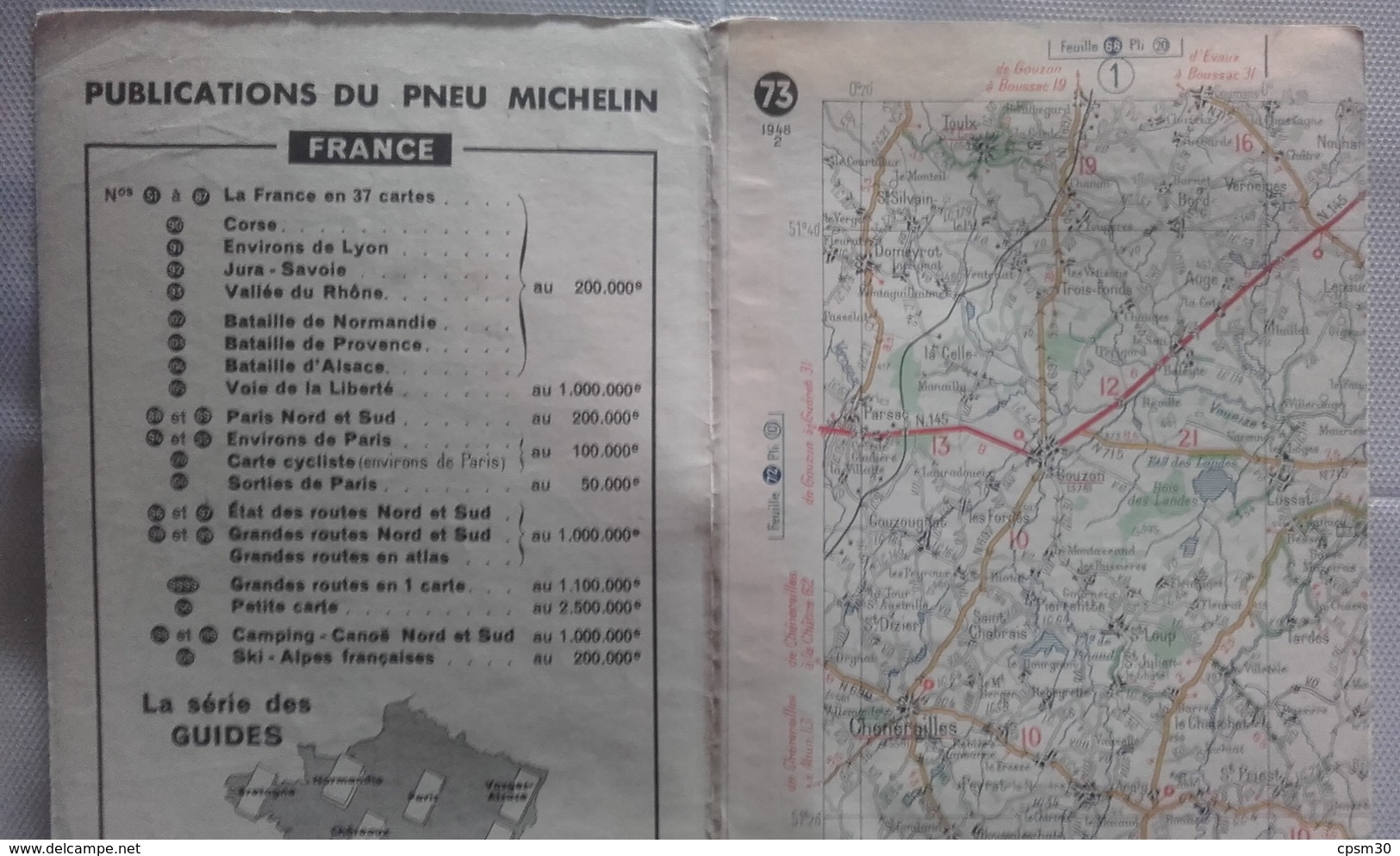 Carte Géographique MICHELIN - N° 073 CLERMONT Fd-LYON - 1948-2 - Cartes Routières
