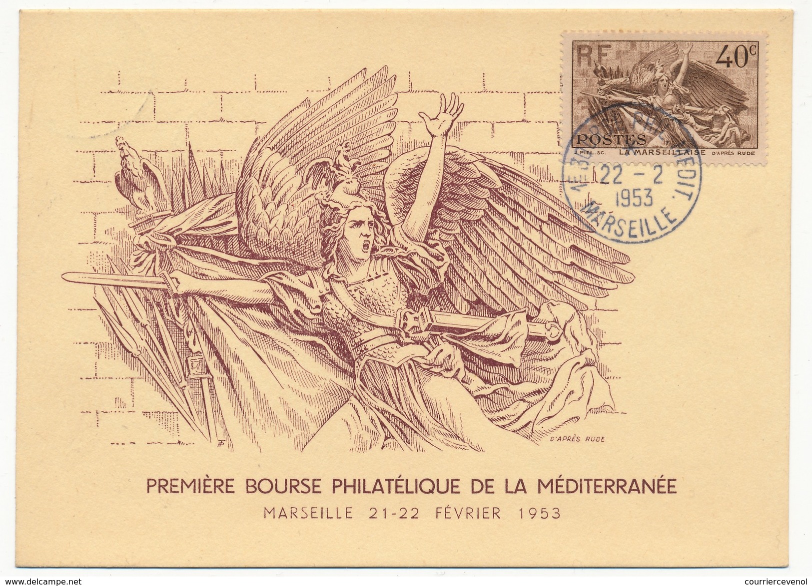 FRANCE - Carte Spéciale "Première Bourse Philatélique De La Méditerranée" 22/2/1953 MARSEILLE Timbre 40c Marseillaise - Cachets Commémoratifs