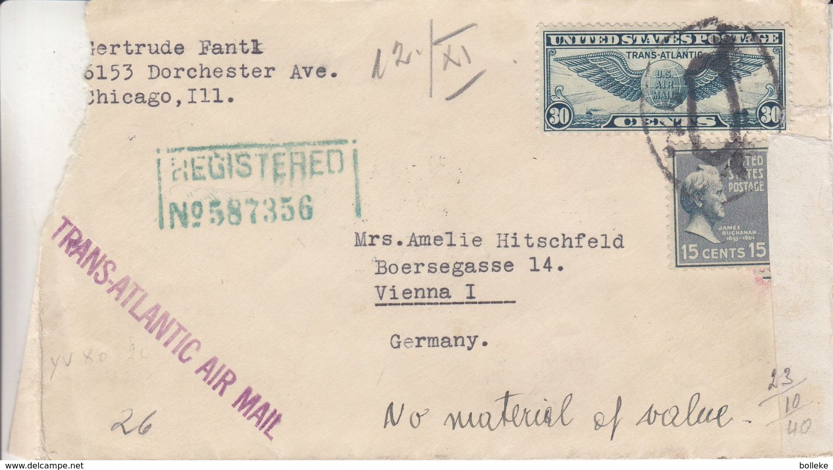 Etats Unis - Lettre Recom De 1940 - Oblit Chicago - Exp Vers Vienne - Griffe Trans Atlantic Air Mail - Avec 2 Censures - Lettres & Documents