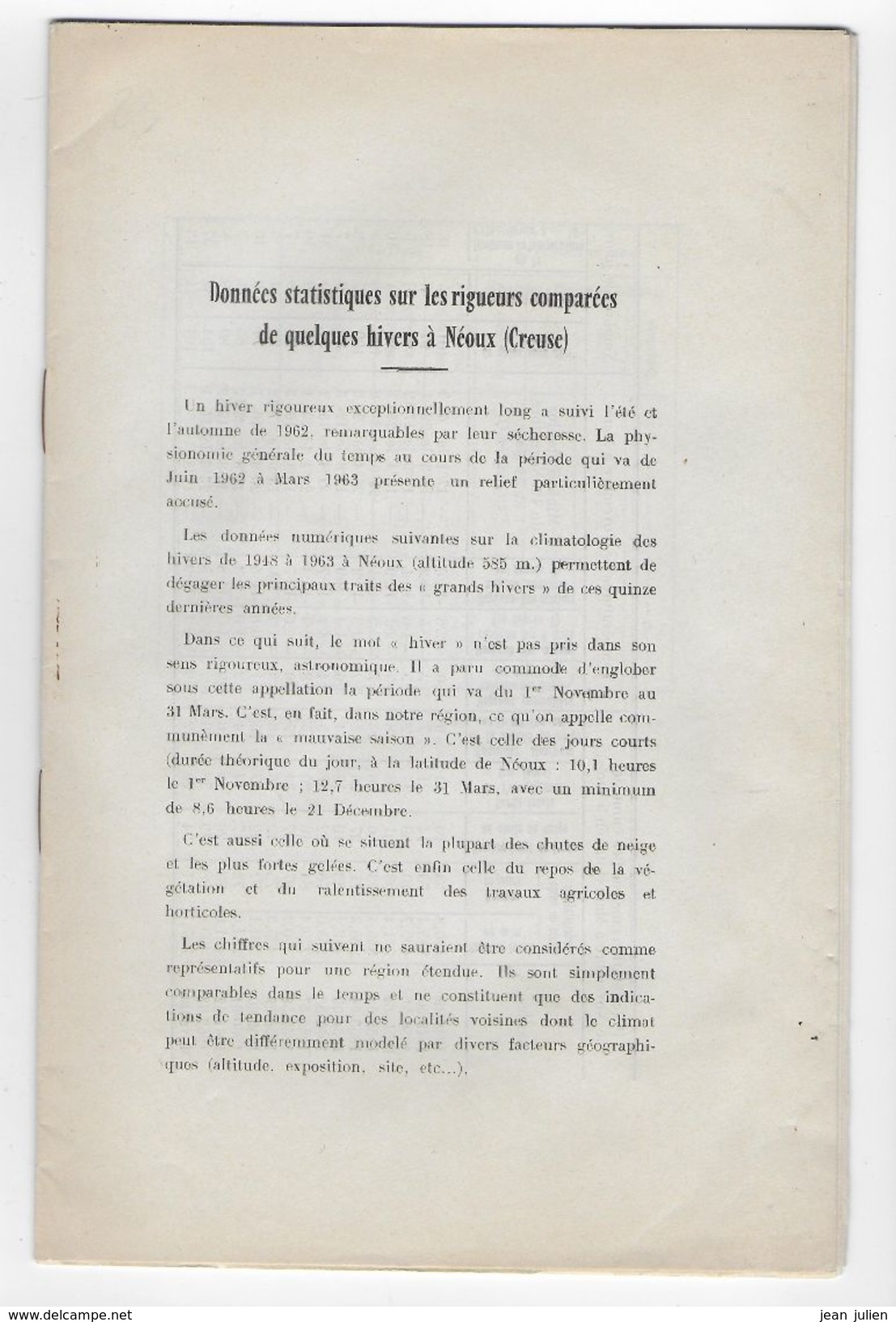 23 - NEOUX - AUBUSSON - Statistiques Climatologiques - 1948 à 1963 - Limousin