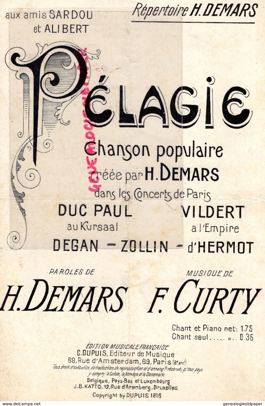 PARTITION MUSIQUE- PELAGIE-AUX AMIS SARDOU ALIBERT-H. DEMARS- CONCERTS PARIS-DUC PAUL-VILDERT-DEGAN-ZOLLIN-CURTY-1916 - Partituren