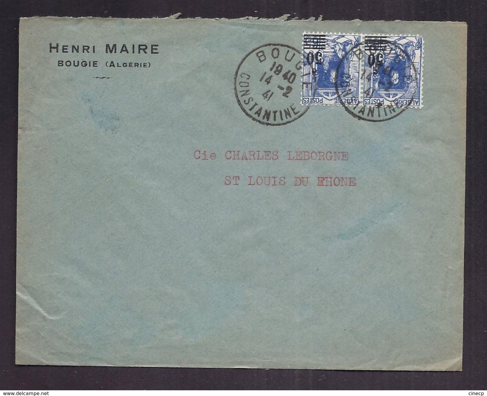 ENVELOPPE COMMERCIALE ALGERIE BOUGIE Tàd 1941 Timbres 65 Surcharge 50 Vers Port St Louis Du Rhône - Covers & Documents