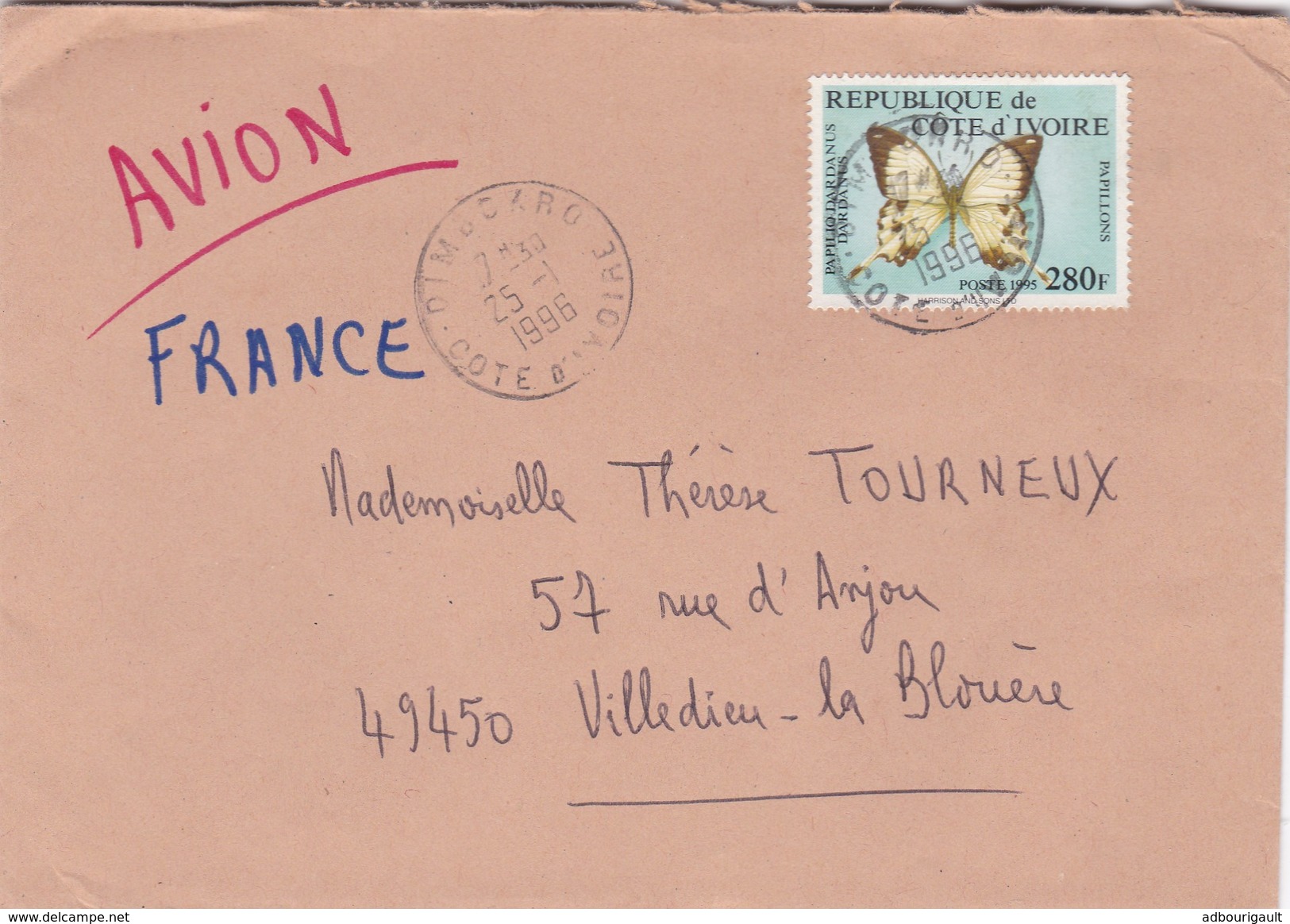 Lettre Enveloppe Cote D'ivoire Pour La France Par Avion Timbre Papillon 1995 280F Dimbokro Cachet Mission Catholique Dos - Côte D'Ivoire (1960-...)