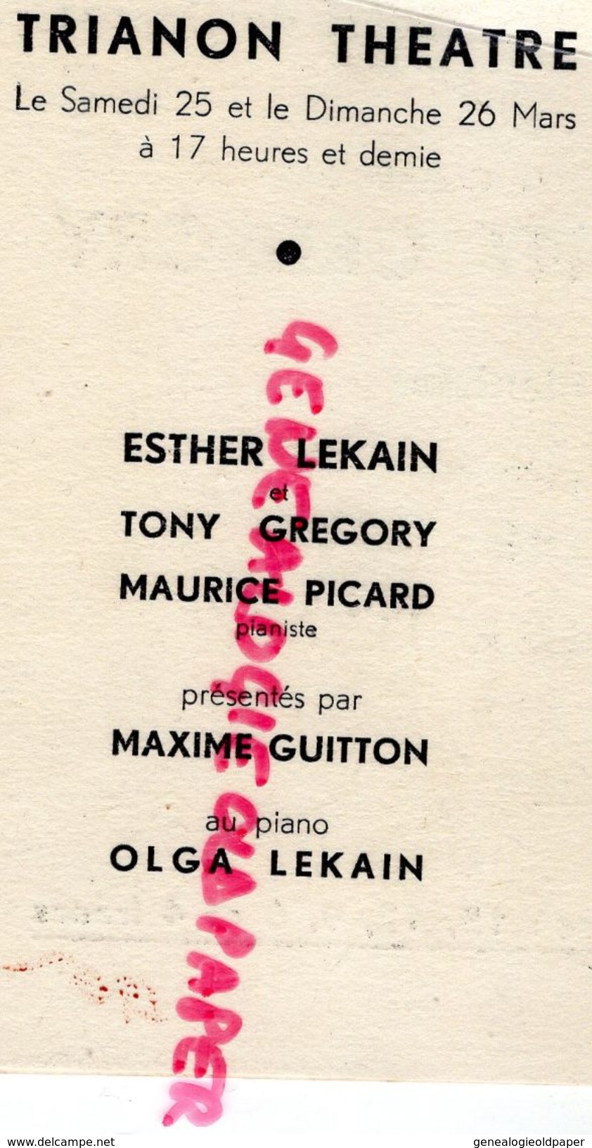 33- BORDEAUX- PROGRAMME TRIANON THEATRE-RUE FRANKLIN -MARS 1933-ESTHER LEKAIN-TONY GREGORY-MAURICE PICARD-MAXIME GUITTON - Programas
