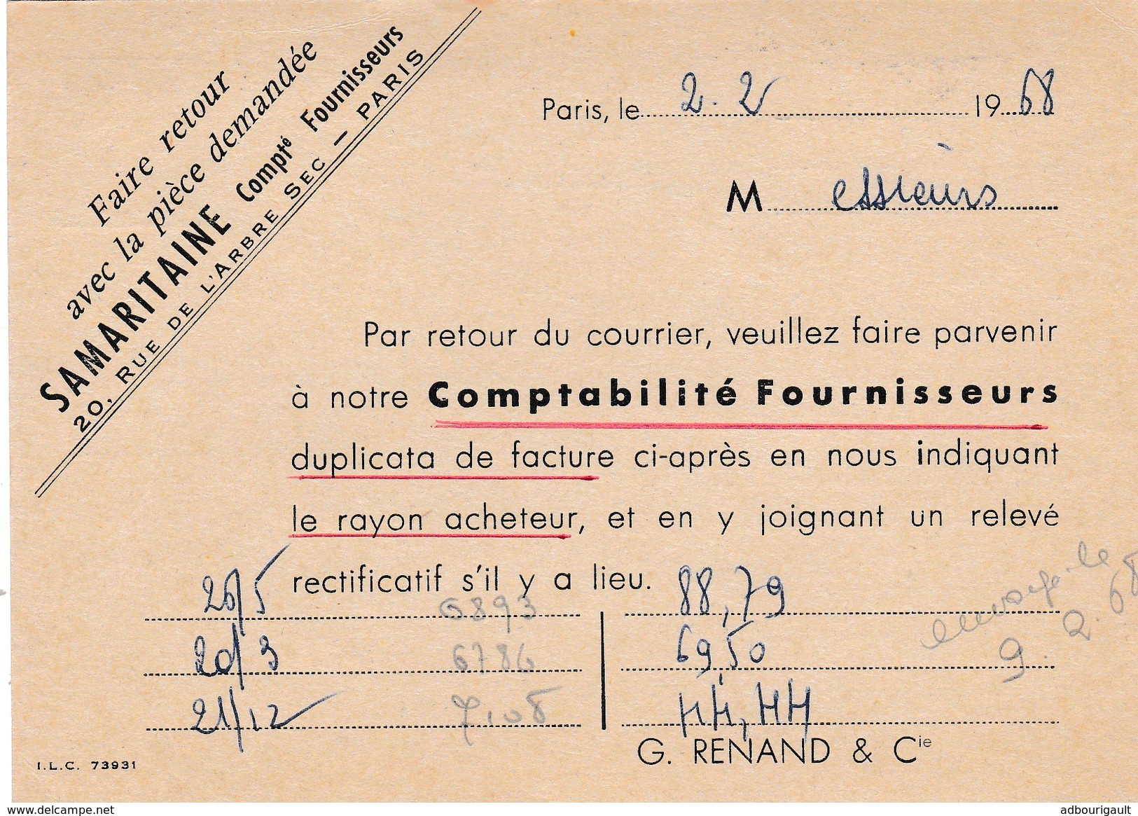 Entier Postal Type Semeuse Lignee 0.20 Fr F Grands Magasins De La Samaritaine Paris 1er 1968 Chaussures Comptabilite - Postales  Transplantadas (antes 1995)