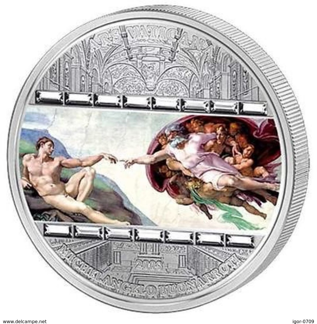 Cook Islands 2008 20$ Masterpieces Of Art Creation Of Adam Michelangelo RARE Silver 93.3gr,mintage 1000,15 Swarowski - Cook Islands