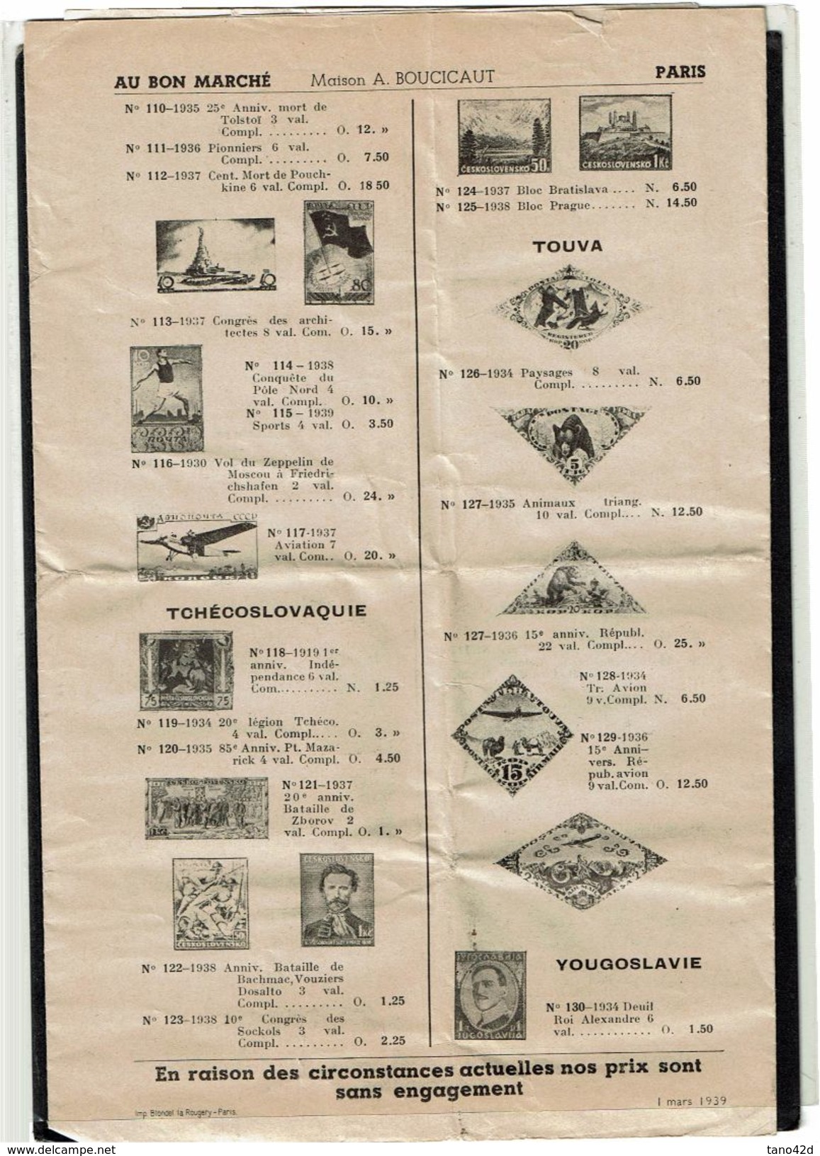 BR39 - AU BON MARCHE RAYON PHILATELIE MARS 1939 ENCART 3 VOLETS  6 FACADES - Catálogos De Casas De Ventas