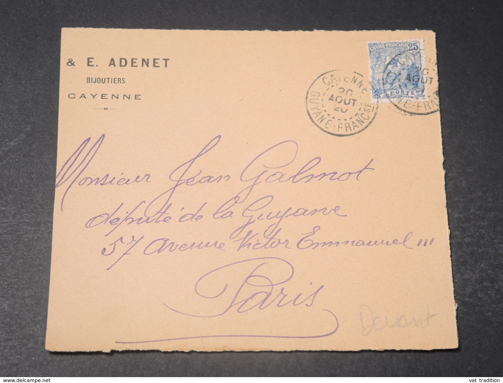 GUYANE - Devant D 'enveloppe Commerciale De Cayenne Pour Paris  En 1920 -  L 10742 - Lettres & Documents