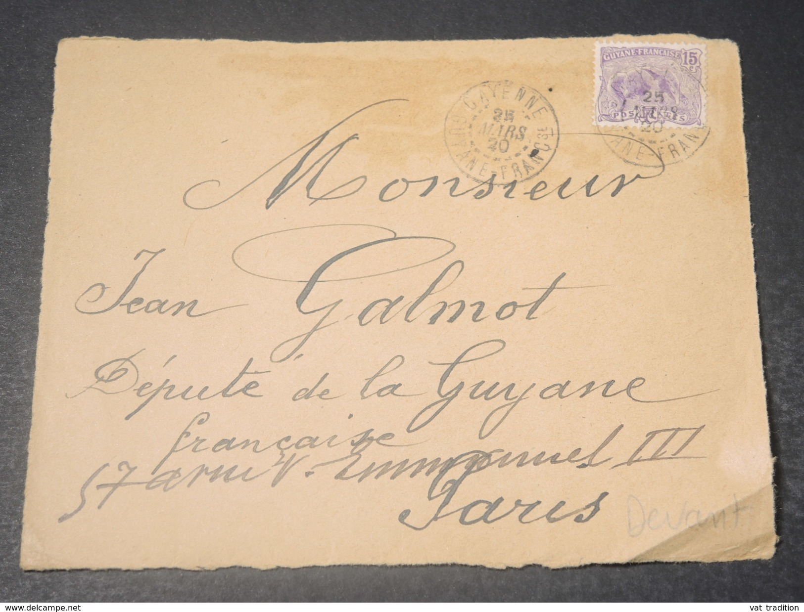 GUYANE - Devant D 'enveloppe De Cayenne Pour Paris En 1920  -  L 10752 - Lettres & Documents