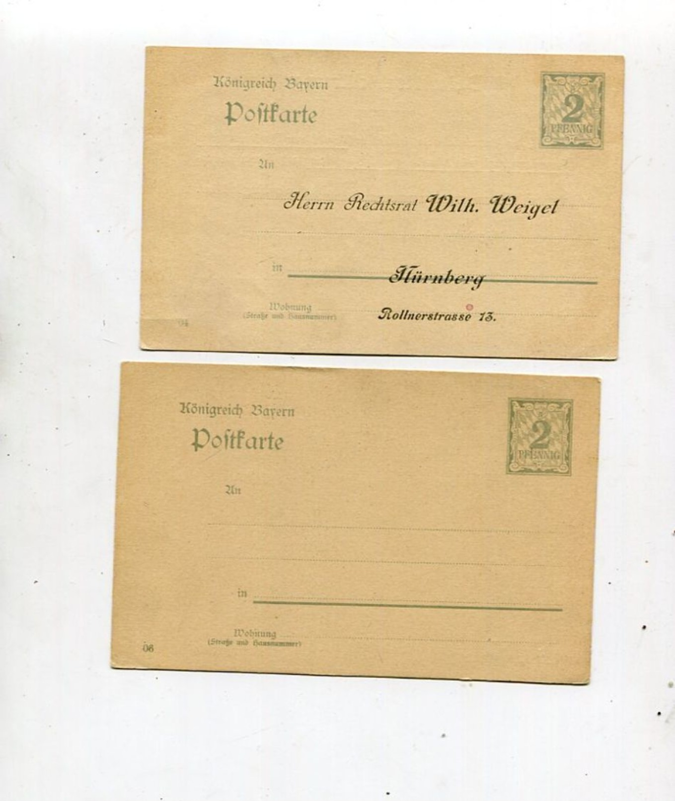 Bayern / 1903 Ff. / Postkarte Mi. P 65 2x **, 1x Mit Adresseindruck Weigel Nuernberg (01570) - Andere & Zonder Classificatie