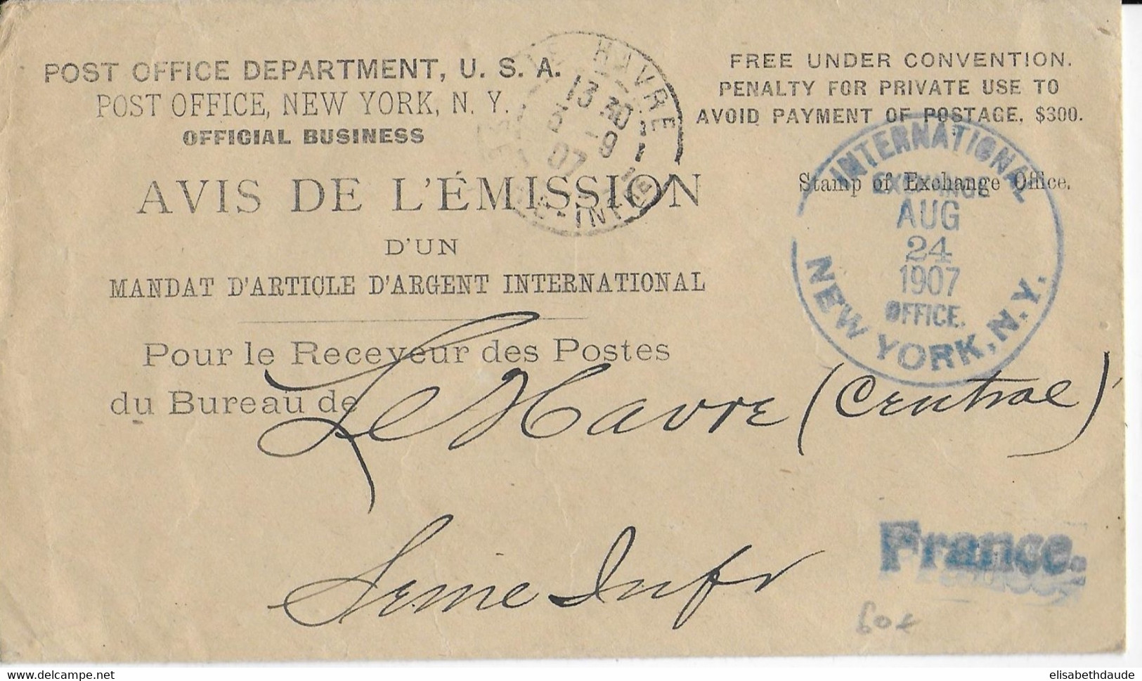 1907 - USA - LETTRE FRANCHISE AVIS De MANDAT D'ARTICLE D'ARGENT De NEW YORK => LE HAVRE (SEINE INFERIEURE) - Cartas & Documentos